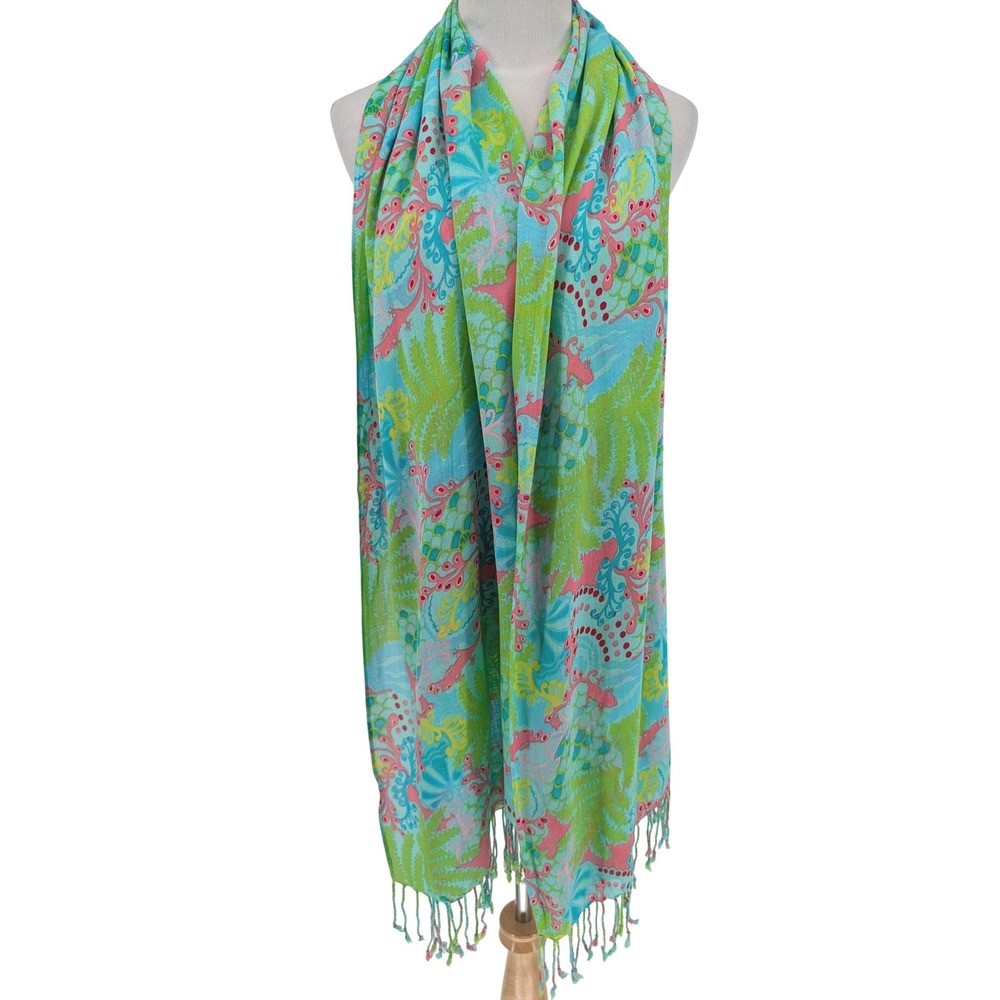 Lilly Pulitzer Scarf Sarong Womens OS Blue Green Pink Under the Sea Gecko Resort - Picture 2 of 8